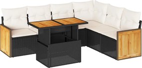vidaXL 7 részes fekete polyrattan akácfa kerti ülőgarnitúra párnával