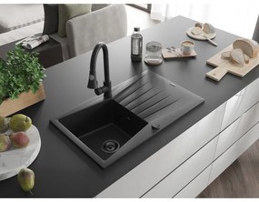 Mexen Cesar, 1 kamrás gránit mosogató 775x470x190 mm és Elia mosogató csaptelep, fekete, 6514-77-670101-70-B