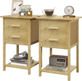 HOMCOM 2 Darabos Éjjeliszekrény Szett, Éjjeliszekrény Fiókkal, Polccal, Füllel, Hálószobába, Nappaliba, Természetes, 40 x 34 x 60 cm | Aosom
