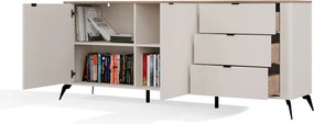 CORDOBA 2D3S komód 183x43x11.5 cm, kasmír, fekete lábakkal, tölgy fedlappal