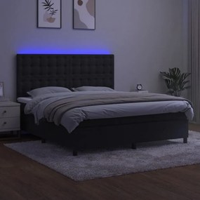 fekete bársony rugós és LED-es ágy matraccal 180x200 cm