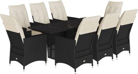 vidaXL 9 részes fekete polyrattan kerti étkezőgarnitúra párnákkal