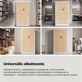 Fém irodai szekrény kódzárral, fehér, sonoma tölgy, 900x1850x400 mm: DANIEL Eco Design