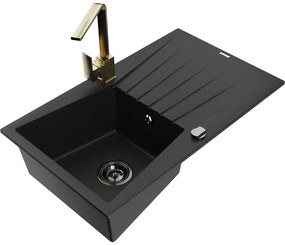 Mexen Cesar, gránit mosogató 775x470x190 mm, 1 kamrás, fekete, fekete szifonnal és arany Rita mosogató csaptelep, 6514-77-670300-50-B