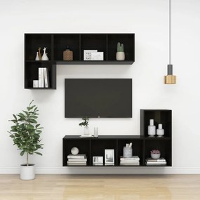 magasfényű fekete szerelt fa fali TV-szekrény 37 x 37 x 107 cm