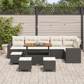 9 darabos Kert Sofa Szett Párnákkal Fekete Poli Rattan Akáciából, 3 darabos Kert Étkezős Szett Párnákkal Fekete Poli Rattan Akáciából