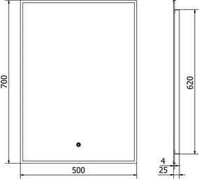 Mexen Erma 50 x 70 cm-es, LED 6000K világítású, páramentes fürdőszobai tükör, fekete keret - 9814-050-070-611-70