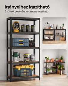 Nagy teherbírású tárolópolc, 5 állítható polccal, 875 kg teherbírás, 90 x 40 x 180 cm, rusztikus barna/fekete