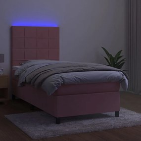 rózsaszín bársony rugós és LED-es ágy matraccal 90x200 cm