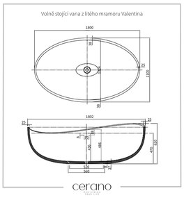 Cerano Valentina, szabadon álló öntött márvány kád 180x110 cm, fehér matt, CER-CER-417518