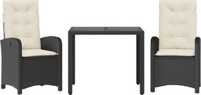 vidaXL 3 részes fekete polyrattan kerti étkezőgarnitúra párnákkal