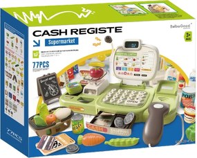 Intelligens pénztárgép gyerekeknek, 77 darabos, szkennerrel, hangvezérléssel, szállítószalaggal, mérleggel és élelmiszerekkel