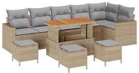 10 darabos kertiszófár szett párnákkal Bézs Poli Rattan Akác, 4 darabos kertészeti étkező szett párnákkal Bézs Poli Rattan Akác