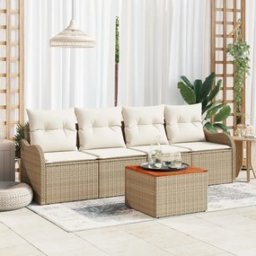 5 Darabos Kerti Sofa Szett Párnákkal Bézs Poli Rattan Akáciával