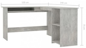 betonszürke szerelt fa L-alakú sarok-íróasztal 120x140x75 cm