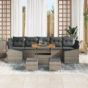 10 részes kertibútor szett párnákkal, szürke poli rattan akácia, 2-személyes kertibútor párnákkal, szürke poli rattan, 3 részes kertivacsora szett párnákkal, szürke poli rattan akácia