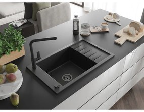 Mexen Elias, 1 kamrás gránit mosogató 795x480x200 mm és Flora mosogató csaptelep, fekete, 6511-77-670401-70-B