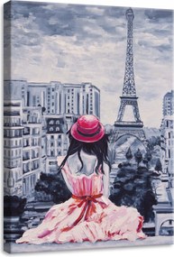 Vászonkép 50x70 Eiffel-torony Párizs nő rózsaszín ruha kalap tájkép
