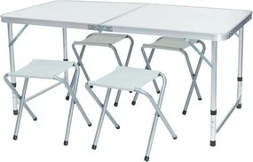 Kempingasztal szett, 1 összecsukható, állítható magasságú asztallal és 4 székkel, fehér, fémvázas, hordozható kivitel, 30 kg teherbírás