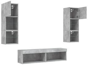 6 darab betonszürke szerelt fa fali TV-bútor LED-del