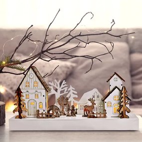 Solight LED karácsonyi falu, 34 x 17 cm, fa, 4 LED, 2x AA