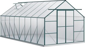 Outsunny Polikarbonát Kerti Üvegház 244x500x216cm, Nyitható Ablakkal és Tolható Ajtóval, Alumínium Váz, Zöld | Aosom