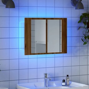 kézműves tölgyszínű szerelt fa tükörszekrény LED-del 60x12x45cm