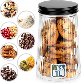 Fekete konyhai üveg ételtároló doboz ömlesztett termékekhez légmentesen záródó 1L