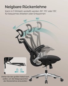 SONGMICS Ergonomikus szék, állítható, dönthető irodai szék, fekete