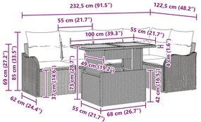 6 db-os Kert Sofa Szett párnákkal, Fekete, Polirattan, Akác, 2 személyes Kert Sofa párnákkal, Fekete, Polirattan