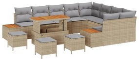 12 darabos kertibútor szett párnákkal bézs poli rattan akácia, 3 darabos kertikai étkező szett párnákkal bézs poli rattan akácia