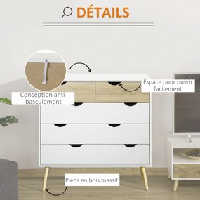 HOMCOM Skandináv Stílusú 5-Fiókos Komód Tárolóegység Fapanelből 99 x 39 x 101 cm Fehér Világos Tölgy | Aosom