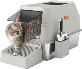 PawHut Rozsdamentes Acél Fedett Macskaalom Tálca Kijáró Lépcsővel és Rozsdamentes Acél Kislapáttal Világosszürkében | Aosom