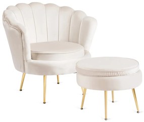 Elegáns Fotel Lábtartóval Krészínű Bársony Kárpittal. GRAND