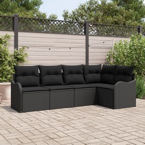 5 darabos kerti kanapé szett, párnákkal, fekete poly rattan, 2 fős kerti kanapé tárolóval és párnákkal, fekete poly rattan