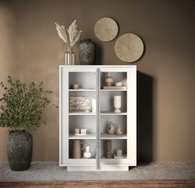 SKY 2.0 magas komód, 2 ajtóval, fehér matt lakkozott vázzal és betonhatású laminált előlapokkal