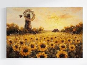 Vászonkép Canvas Tájkép Falu Mező Napraforgók Virágok Szélmalom 60x40