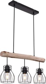 Globo 15326-3N Függeszték fém fekete drótháló búrával, natúr fa betéttel. LxBxH:600x136x2090, exkl. 3xE27 40W 230V