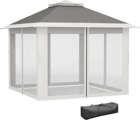 Outsunny Felszerelhető Kerti Pavilon 3.3x3.3 m Magasságállító 3 Szinten Szúnyoghálóval, Oldalfalakkal és Táskával, Kültéri Pavilon Kéttetős Fém Tetőve