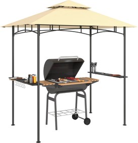 Outsunny Grill Kerti Pavilon LED fényekkel 240 x 150 x 258 cm vízlepergető tűzálló kerti pavilon dupla rétegű tetővel, oldalsó polcokkal, UV-védelemme
