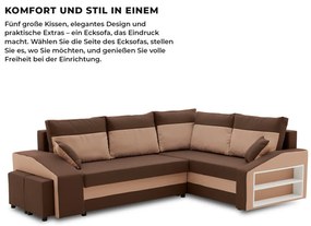 Grande sarokkanapé polcokkal és puffokkal , polc a jobb karfaban puffok a bal karfaban, jobboldali, szövet anyag, hab töltet, barna