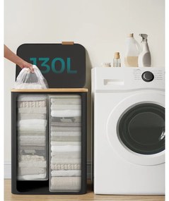 SONGMICS szennyeskosár fedéllel 130L, 2 rekeszes nagyméretű szennyes tartó, fekete