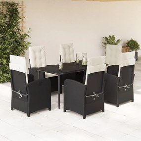 7 részes fekete polyrattan kerti étkezőgarnitúra párnával
