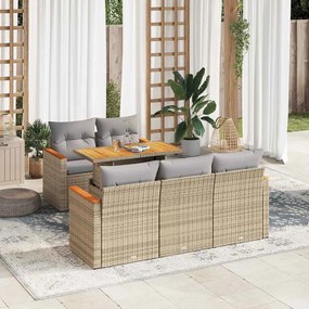 6 részes bézs polyrattan akácfa kerti ülőgarnitúra párnával