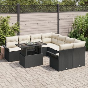 9 Részes Kertibútor Szett Párnákkal - Fekete Poly Rattan, 2-Fős Kertibútor Tárolóval és Párnákkal - Fekete Poly Rattan