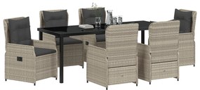7 Darabos Kerti Étkezőszett Világosszürke Polirattan, Kerti Asztal Fekete 200x80x73 cm Edzett Üveg