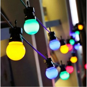 15 m-es 20 LED-es hosszabbítható fekete gumi vezetékes lámpafüzér, teraszvilágítás, időzíthető, IP44, - színes