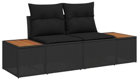 10 részes Kert Szófa Készlet Párnákkal Fekete Poli Rattan Akác, 3 részes Kert Étkező Készlet Párnákkal Fekete Poli Rattan Akác