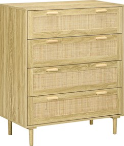 HOMCOM 4-Fiókos hálószobai tárolóegység fonott rattan elülső résszel, boho stílusban, világos fa megjelenéssel, 90L x 45W x 108.5H cm | Aosom