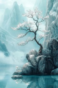 Vászonkép Canvas Keleti Cseresznye Hegyek Türkiz Japán Zen 40x60